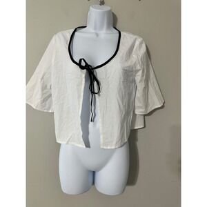 SUNDAYS The Short Sleeve Cropped Cardigan White Black Trim Tie Front Size S
